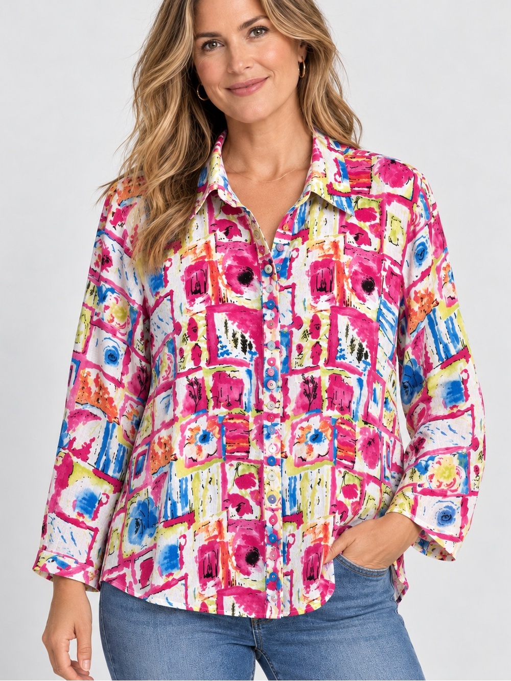 Ali Miles Pink Bright Colorful Abstract Funky Button Front Shirt Blouse Sz 1X